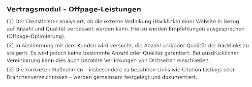 2. Offpage-Optimierung Ausschnitt eines Vertragstextes zu Offpage-Leistungen wie Backlink-Analyse, Optimierung und Abstimmung mit dem Kunden.
