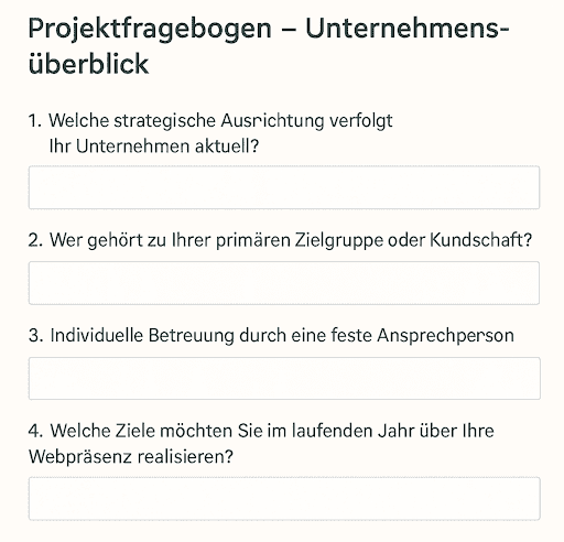 SEO-Agentur Projektfragebogen mit Fragen zur strategischen Ausrichtung, Zielgruppe, Betreuung und Webzielen eines Unternehmens.