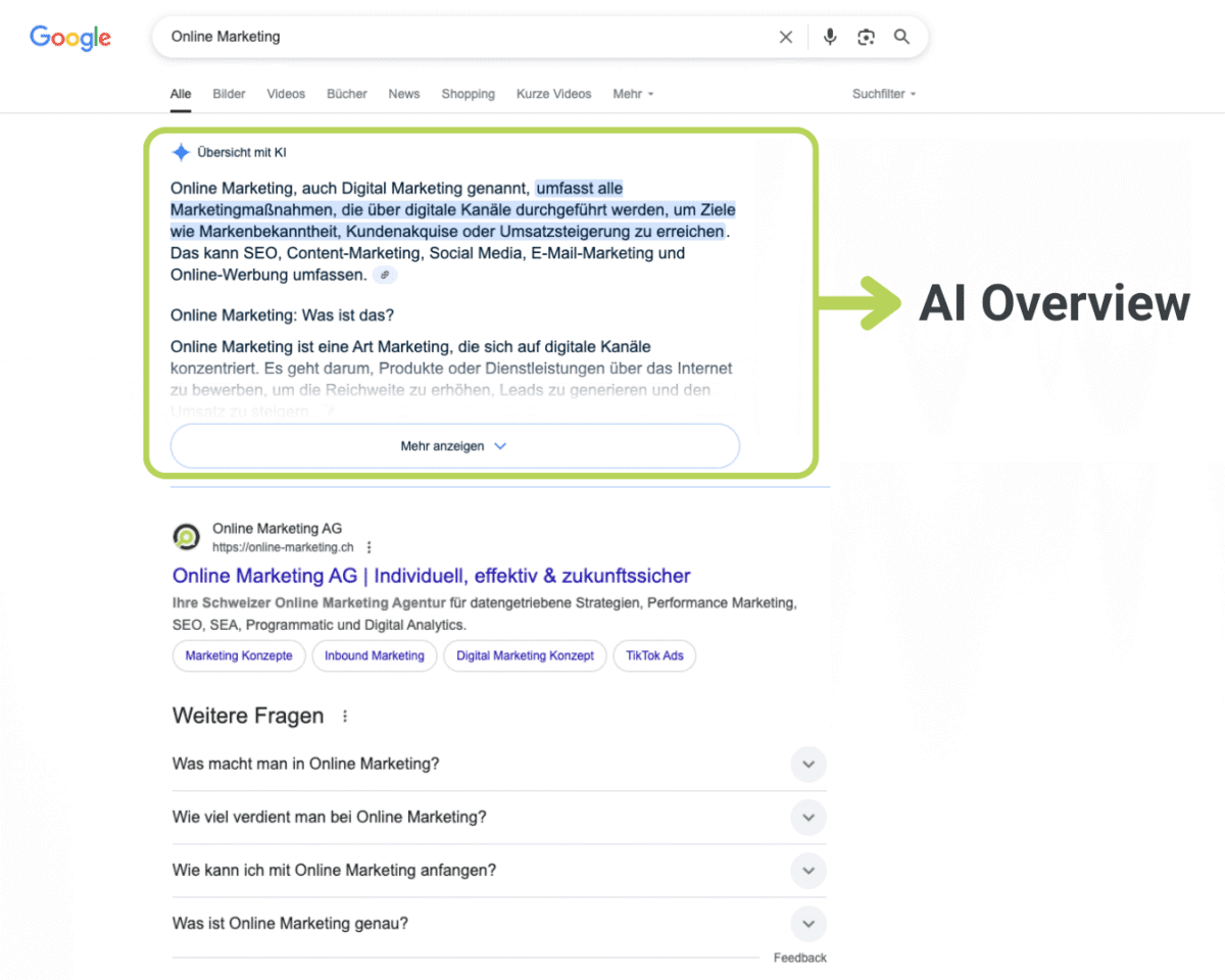 MARK – Social Media – Post – AI Overviews – ENTWURF – 2 (1) So sieht ein AI Overview bei Google aus. Künstliche Intelligenz fasst Inhalte direkt in der Suche zusammen und verändert, wie Nutzer Informationen finden.