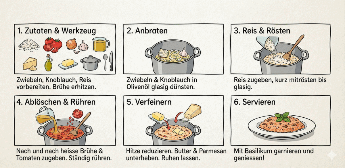 Notizen in klare Visuals – Ergebnis Sechs bebilderte Schritte zur Zubereitung von Tomatenrisotto, dargestellt als einfache Prozessgrafik.